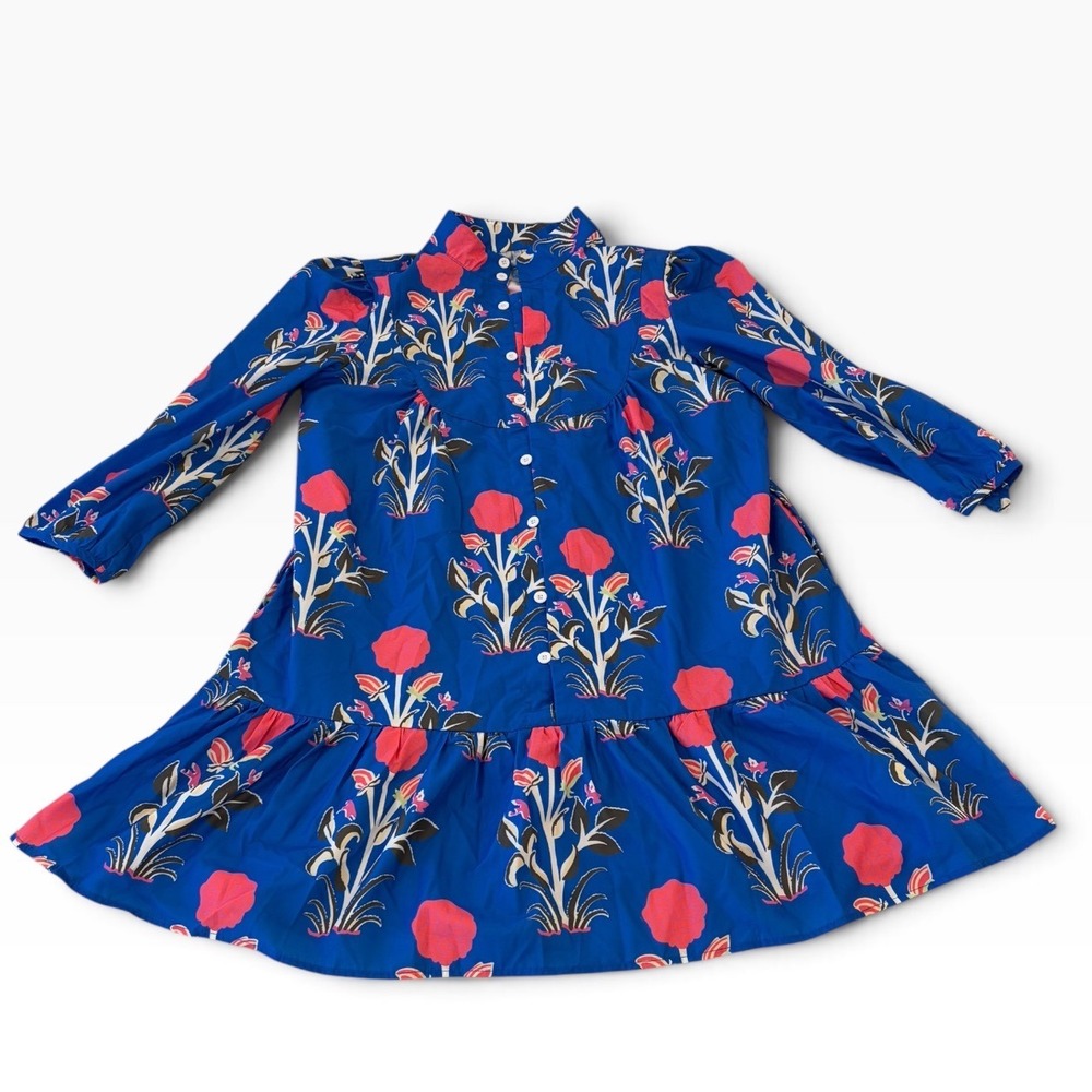 Blue Floral Button Front Ruffle Collar Tiered Mini Dress Pink Botanical Print
